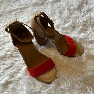 Torrid high tan and red braid block heels NWT